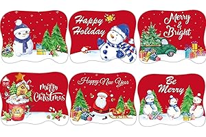 OBUSATT Christmas Placemats Set of 6 Xmas Holiday Plastic Place Mats for Dining Table, Christmas Party Washable Placemats Winter Snowman Red Truck Waterproof Table Decor for Kitchen Dining Home 12.5x16.5 Inch