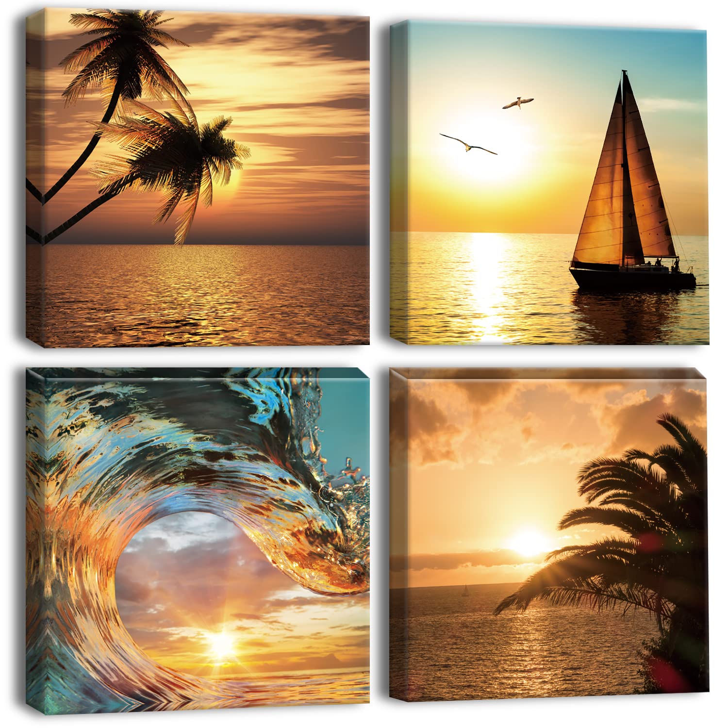 Artscope 4 Pieces Wall Art Canvas Prints - Coconut Tree Sailboat and Sea Picture Painting - Modern Wall Artwork Framed for Gifts Bathroom Home Kitchen Office Decor - 30 x 30 CM