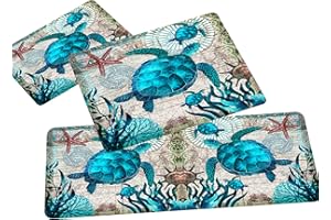 GUVICINIR Sea Turtle Kitchen Rug Sets of 3,Anti Fatigue Cushioned Kitchen Rugs and Mats Coastal Bathroom Runner Rug Blue Turtles Beach Ocean Teal Marine Animal Nautical Floor Mat Non-Slip Washable Chef Sink Mat