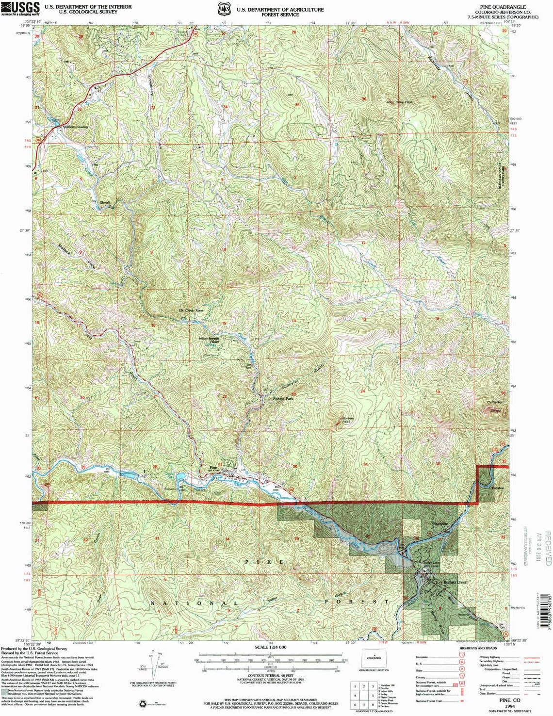 YellowMaps Pine CO topo map, 1:24000 Scale, 7.5 X 7.5 Minute, Historical, 1994, Updated 2001, 26.8 x 22.1 in