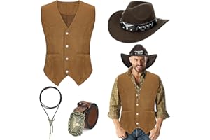 4 Pcs Western Outfits for Men Cowboy Suede Leather Vest Hat Necktie Buckle Belt for Halloween Costume Party