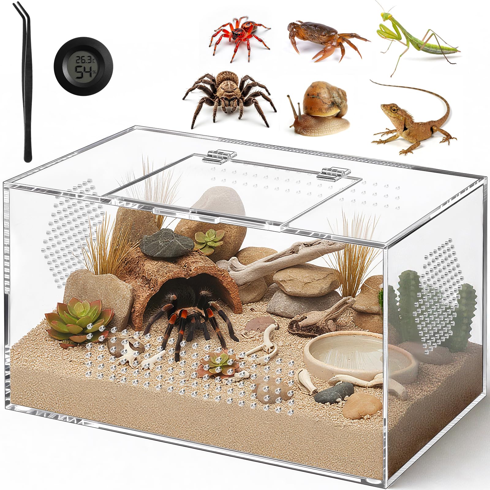 Photo 1 of Acrylic Reptile Terrarium, Pre-Assembled Tarantula Enclosure with All-Side Ventilation & Magnetic Door, Tank for Spider, Gecko, Mantis, Frog, Snail, Isopods, 12"x7"x7" (Tweezer & Hygrometer Included)