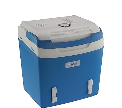 EZetil Kühlbox E26 M tragbare thermo-elektrische Kühlbox, 24 Liter, 12 V und 230 V für Auto/LKW/Boot/Steckdose, blau-weiß