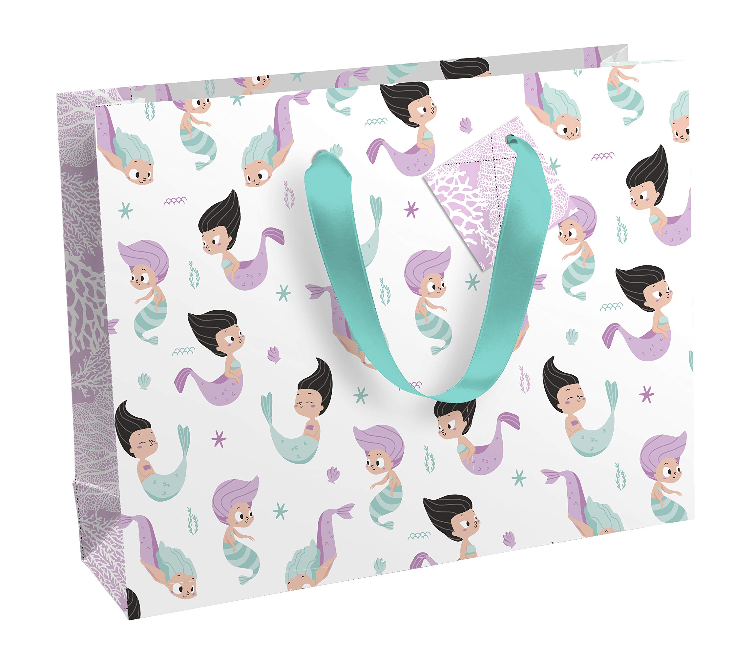 Clairefontaine - Ref 27210-6C - Shopping Gift Wrap Bag for Presents - 37.3 x 11.8 x 27.5cm Sized, 210gsm Coated Paper, Ribbon Handle - Ocean Mermaids Design