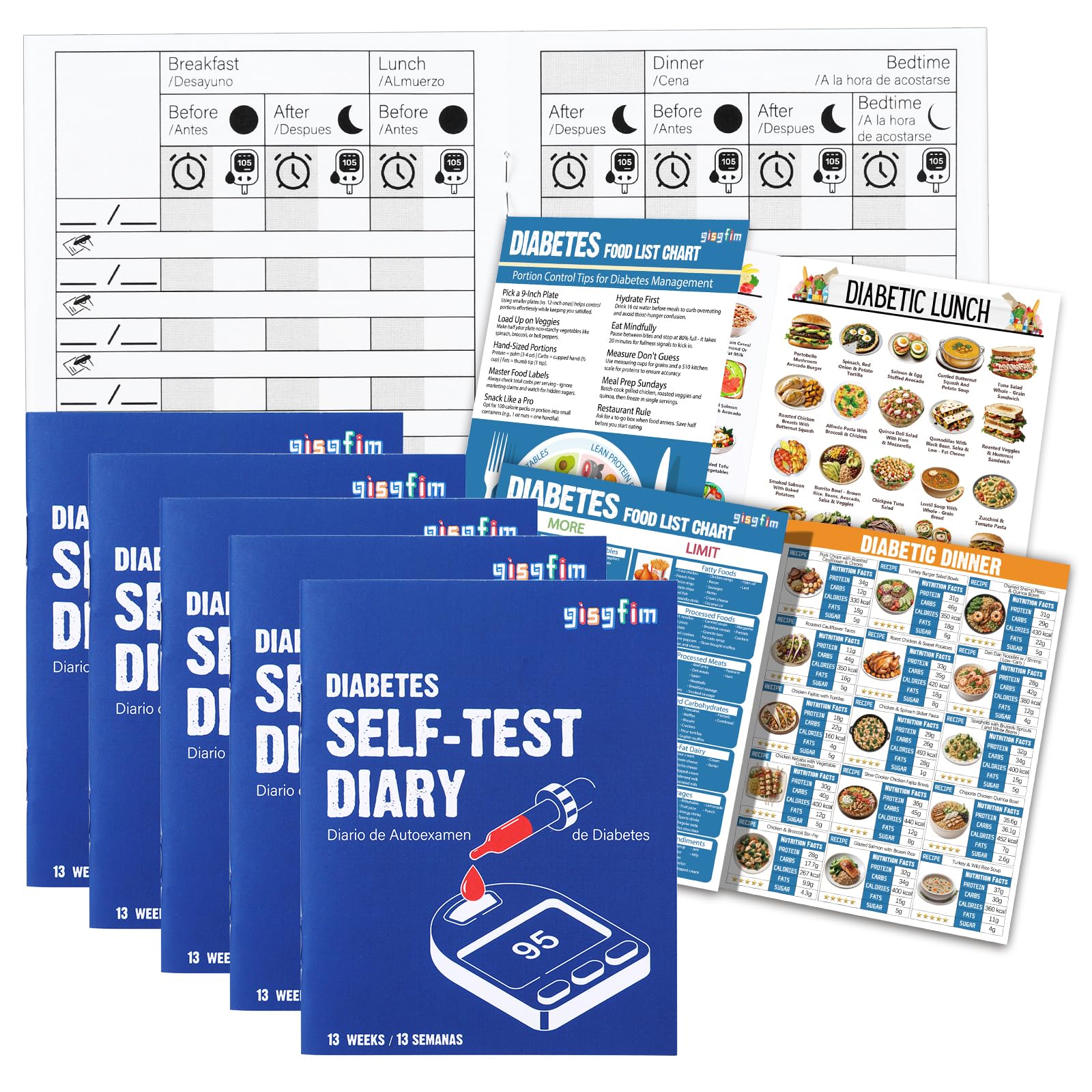 Photo 1 of 5Pcs Diabetes Blood Pressure Log Book Daily 3x4 inch & 2pcs Diabetes Food Chart and Meal Planner for Types 1 & 2 Track Glucose Daily Journal Record Blood Pressure Self Test Diary at Each Meal