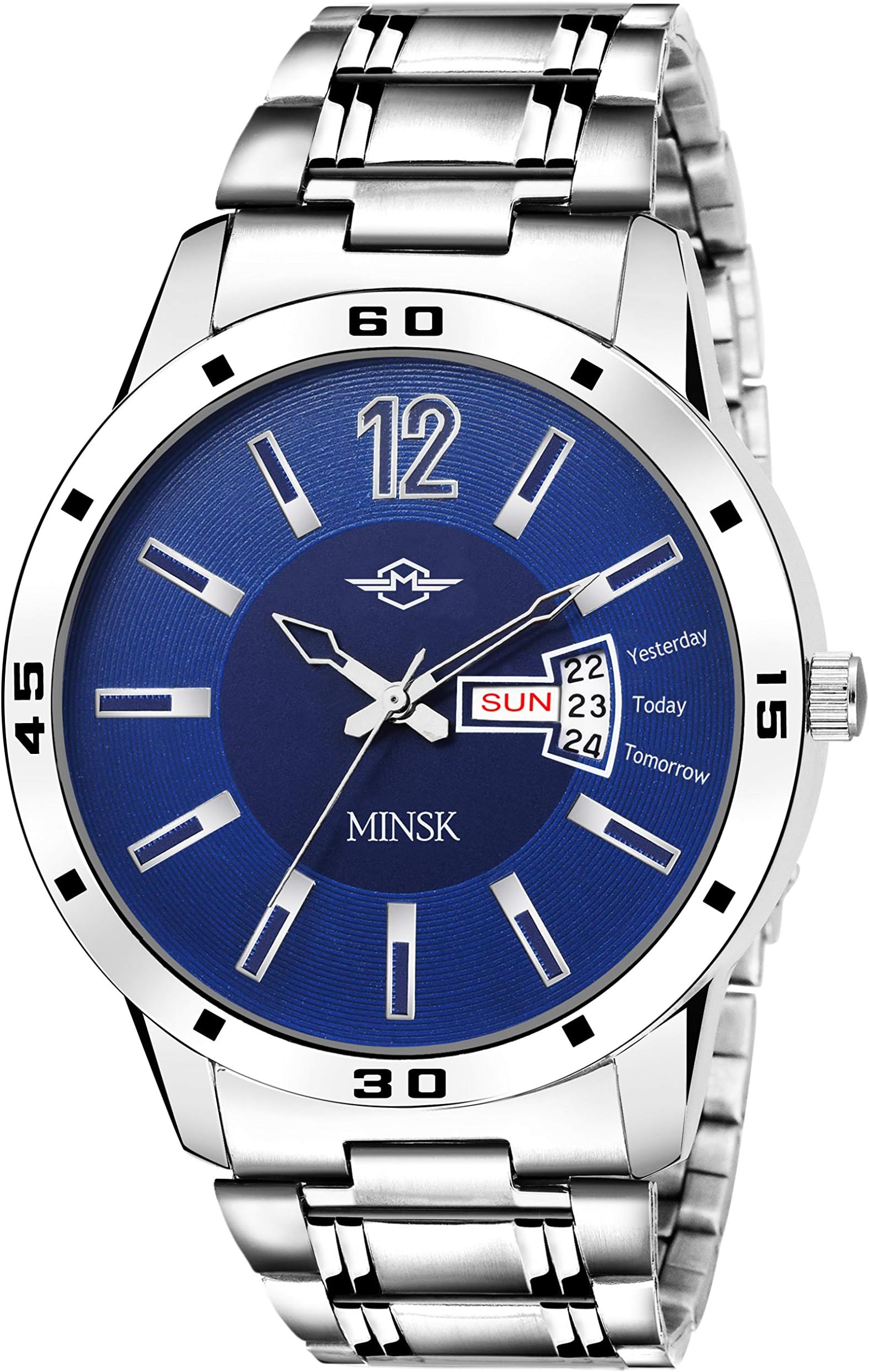 MINSK MK7089 Stainless Silver Strap White Dial Day & Date Boy's Wrist Watch - for Men