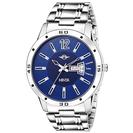 MINSK MK7089 Stainless Silver Strap White Dial Day & Date Boys Wrist Watch - for Men