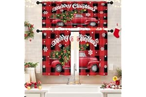 Tayney Christmas Kitchen Window Curtains and Valances Set 36 Inch Red Truck Buffalo Plaid Short Tier Curtains, Winter Xmas Small Kitchen Decor