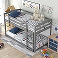 DNYN Twin Over Twin Floor Bunk Bed with Ladder for Boys and Girls,Solid Pinewood Bunkbeds w/Safety Guardrail,Space Saving Design & No Box Spring Need,Perfect for Kids Bedroom,79.3"x42.2"x46.5", Grey