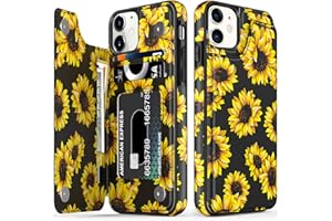 LETO for iPhone 12 Pro Case,iPhone 12 Case,Flip Folio Leather Wallet Cover with Fashion Flower Designs for Girls Women,Built-in Card Slots Kickstand Protective Phone Shell Blooming Sunflowers