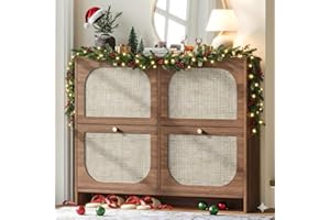 Nicetree Freestanding Ultra Slim Arched Rattan Accent Shoe Storage Cabinet for Entryway - 4 Flip Drawers & 3-Tier Adjustable Shelves, Farmhouse Modern Rustic Shoe Rack for Hallway, Foyer