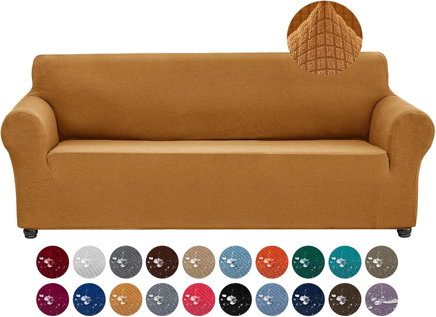 Slipcovers - Joccun Stretch Couch Cover Slipcovers, 1-Piece Water Repellent Sofa Covers for 3 Cushion Couch Spandex Jacquard Washable Furniture Protector Cover for Living Room,Kids,Pets(Sofa,Gold)