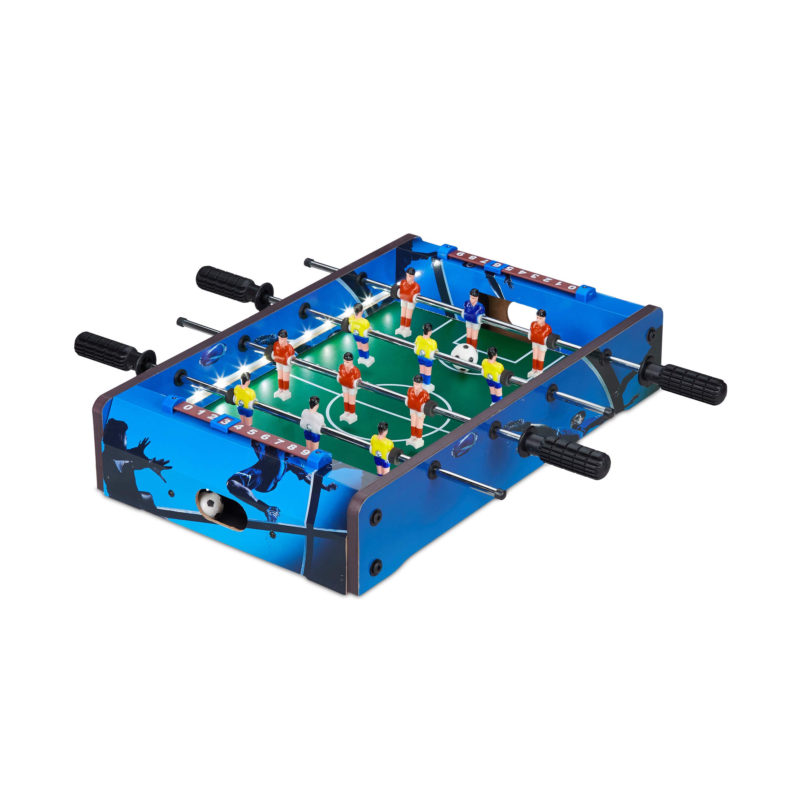 Relaxdays Tabletop Foosball Game with LED Lighting, For Children & Adults, 4 Poles, 2 Balls, Table Soccer, Blue
