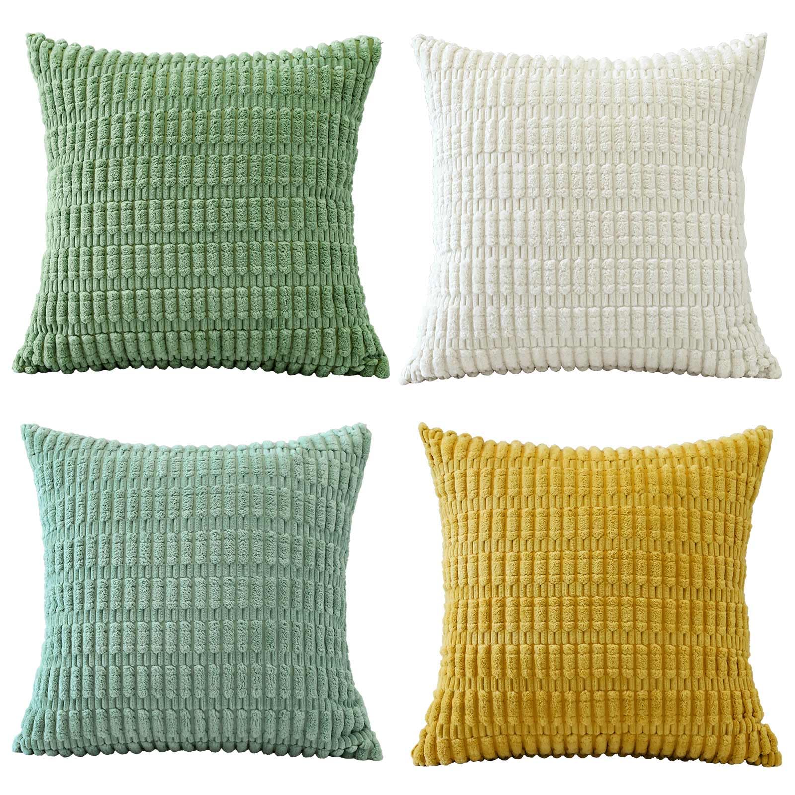 Sungeek Set of 4 Soft Corduroy Decorative Cushion Covers 50x50cm Square Striped Throw Pillow Covers for Sofa Couch Living Room Patio Farmhouse Boho Home Decor Pillowcases, Green Yellow White