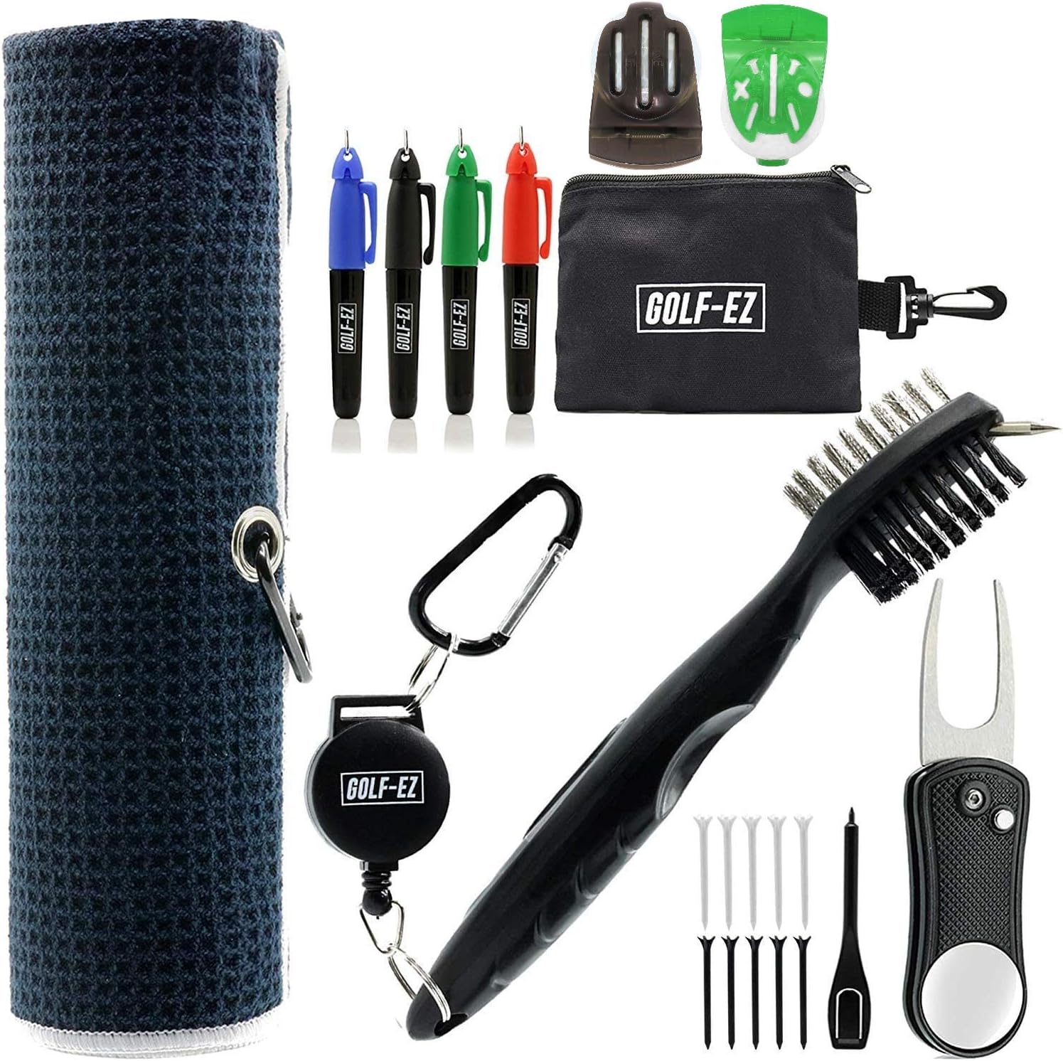 Golf-EZ Golf Essentials 21 Piece Kit | Golf Towel | Cleaning Brush | TRI-LINE Golf Ball Alignment Kit | Divot Repair Tool