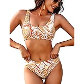 AI'MAGE Women Ribbed Bikini Sets Sporty Swimsuits Scoop Neck Two Piece Bathing Suits High Cut Bikini XS-XXL