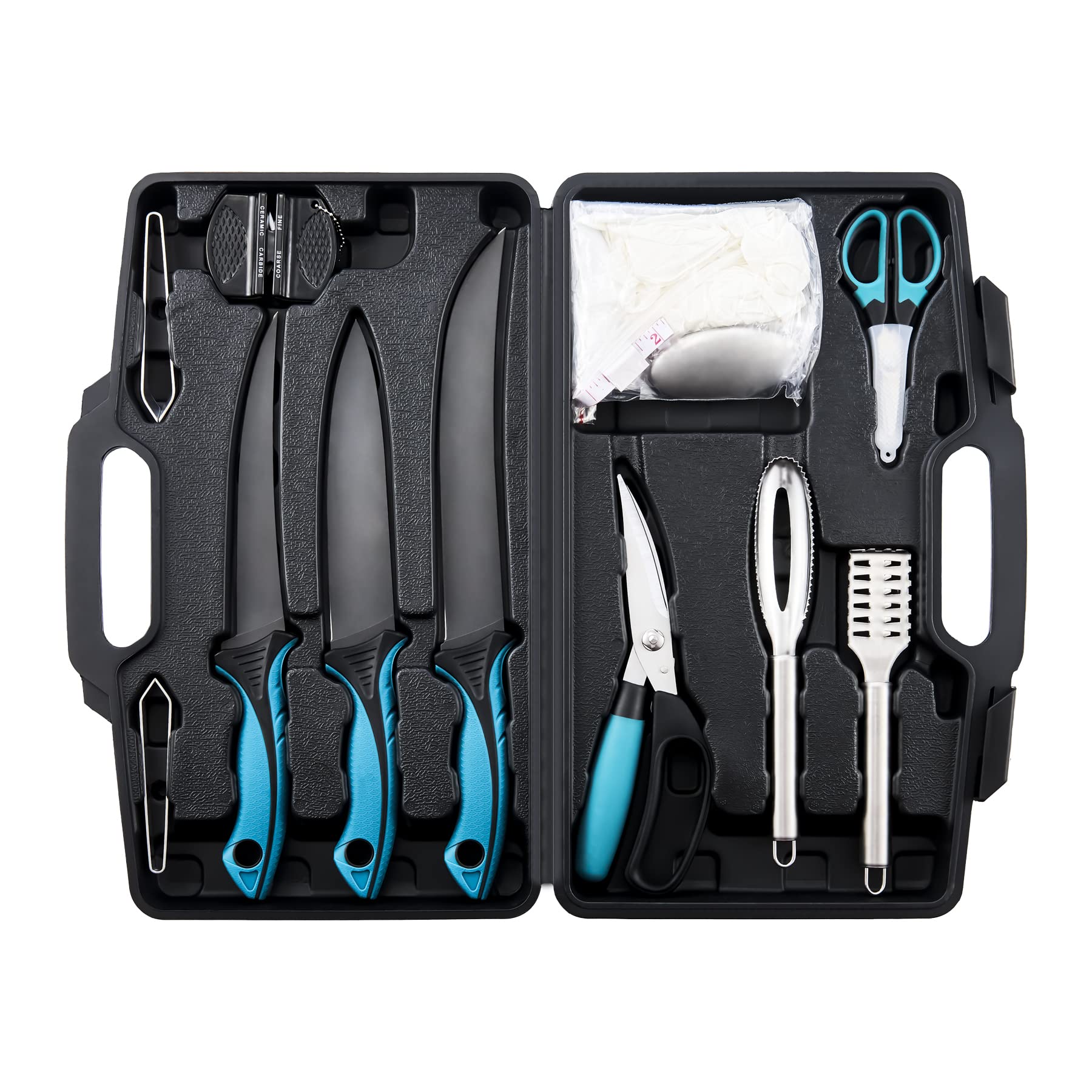 Photo 1 of KNINE OUTDOORS Fish Fillet Knife Set Curved Flex 7 inch 9 inch Filet Knife for Filleting and Boning, Non-Slip Handles, Includes Fishing Braid Line Scissors, Fish Dressing Scissors, Filleting Pad