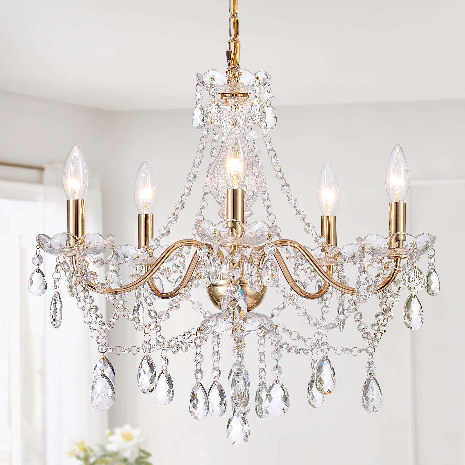 Photo 1 of AMZASA Crystal Gold Chandelier, Glass Crystal Hanging Pendant Lighting, 5 Light French Country Gold Crystals Chandelier for Ceiling Medallions,Wedding,Dining,Kitchen, Foyer,Dia 20'' Golden