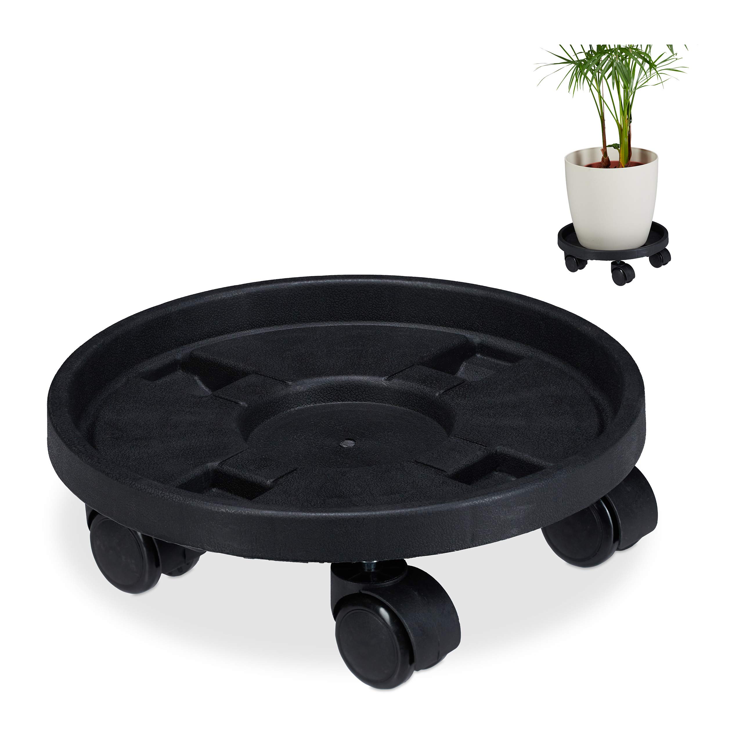 Relaxdays Plant Roller Round, Set of 2, HxØ: 9.5 x 30cm, Flowerpot Holder with Castors, Plastic, Indoor & Outdoor, Black