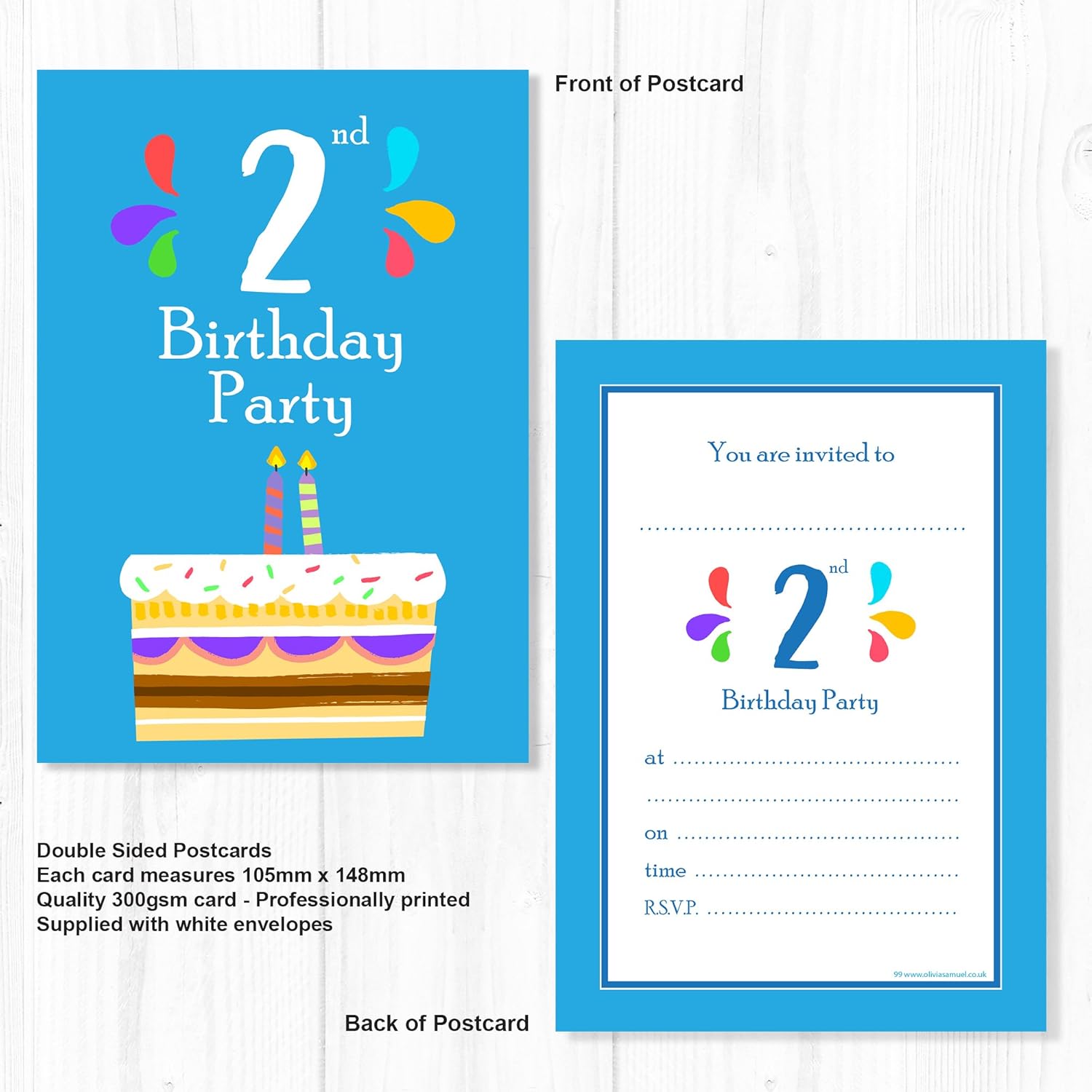 1st Birthday Party Invitations 1 Candle Blue Cake Design A6