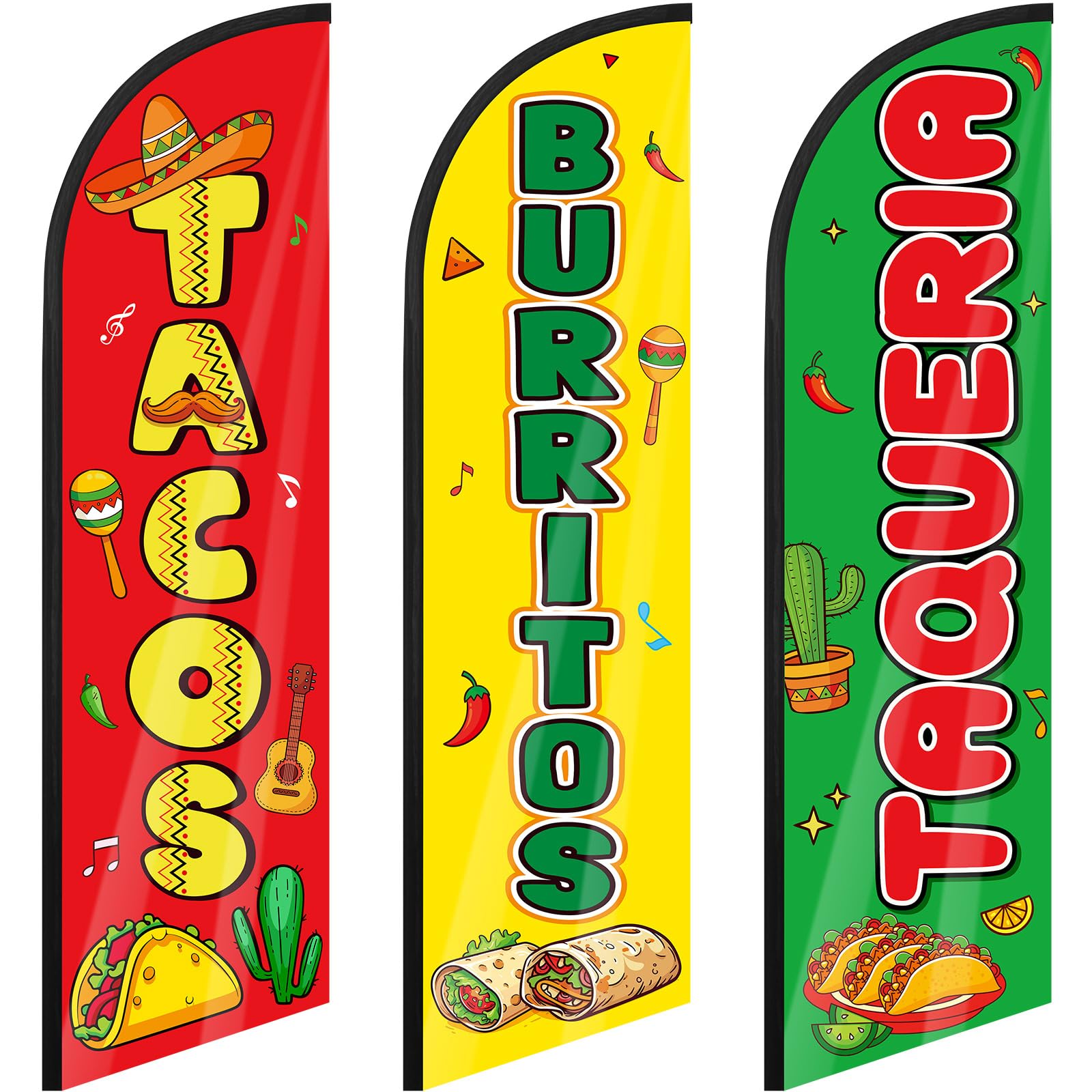 Photo 1 of Remagr 3 Pcs Tacos Burritos Feather Flag 7.9 ft Mexican Food Swooper Flag Mexican Restaurant Flags Banner Signs Business Advertising for Markets Restaurant Store