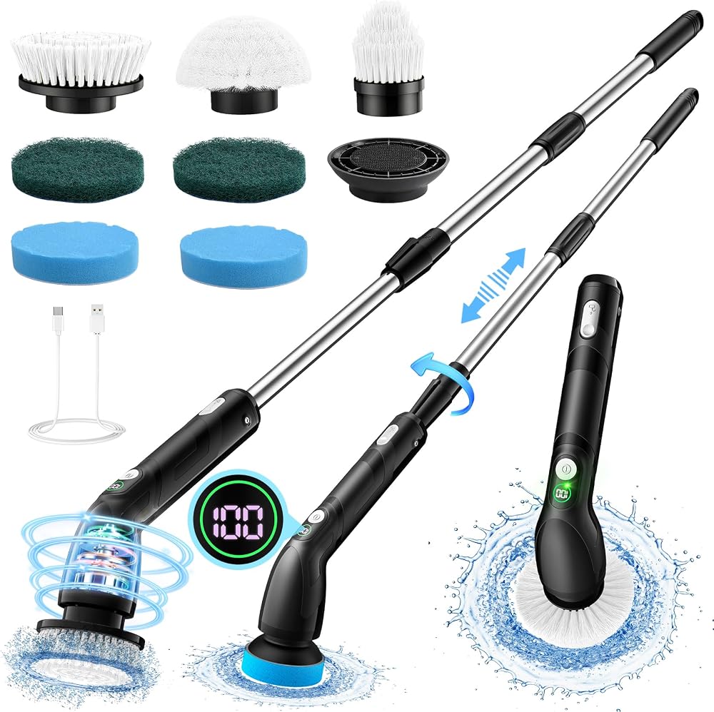 PureSwirlz Electric Cleaning Brush Long Handle 2 Speeds IPX7 LED Display 7 Heads