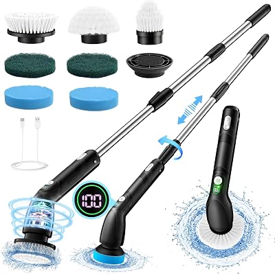 PureSwirlz Electric Cleaning Brush Long Handle 2 Speeds IPX7 LED Display 7 Heads