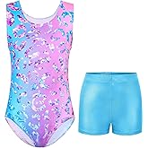 Kirinkylin Girls Gymnastics Leotard With Shorts Breathable Stretchy Tumbling Outfit For Toddler Kids 4T 5T 7-8 10-12Years