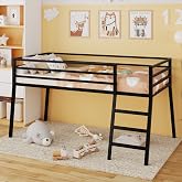 Lutown-Teen Metal Low Loft Bed Twin Size with Stairs and Guard, Black | Small Bedroom, Kids Room, 28.8 Inch Under-Bed Space, Study and Play Area, Safety Guardrails, Ramp Stairs, 350 LBS Support