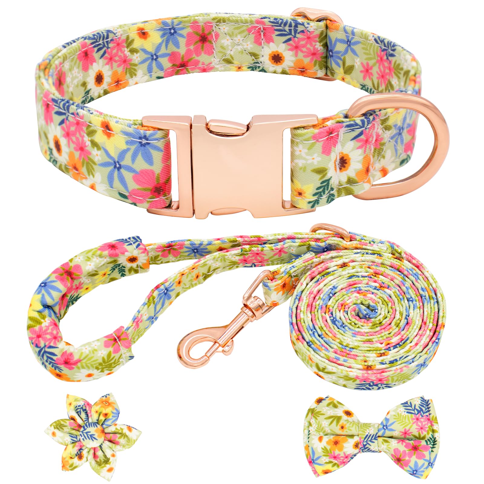 Dote on Dog Collar and Lead Set with Bow Tie, Girl Dog Collar with Detachable Flower with Strong Gold Buckle, Adjustable Soft Padded Pet Collar for Small Medium Large Dogs L, Green — image 1