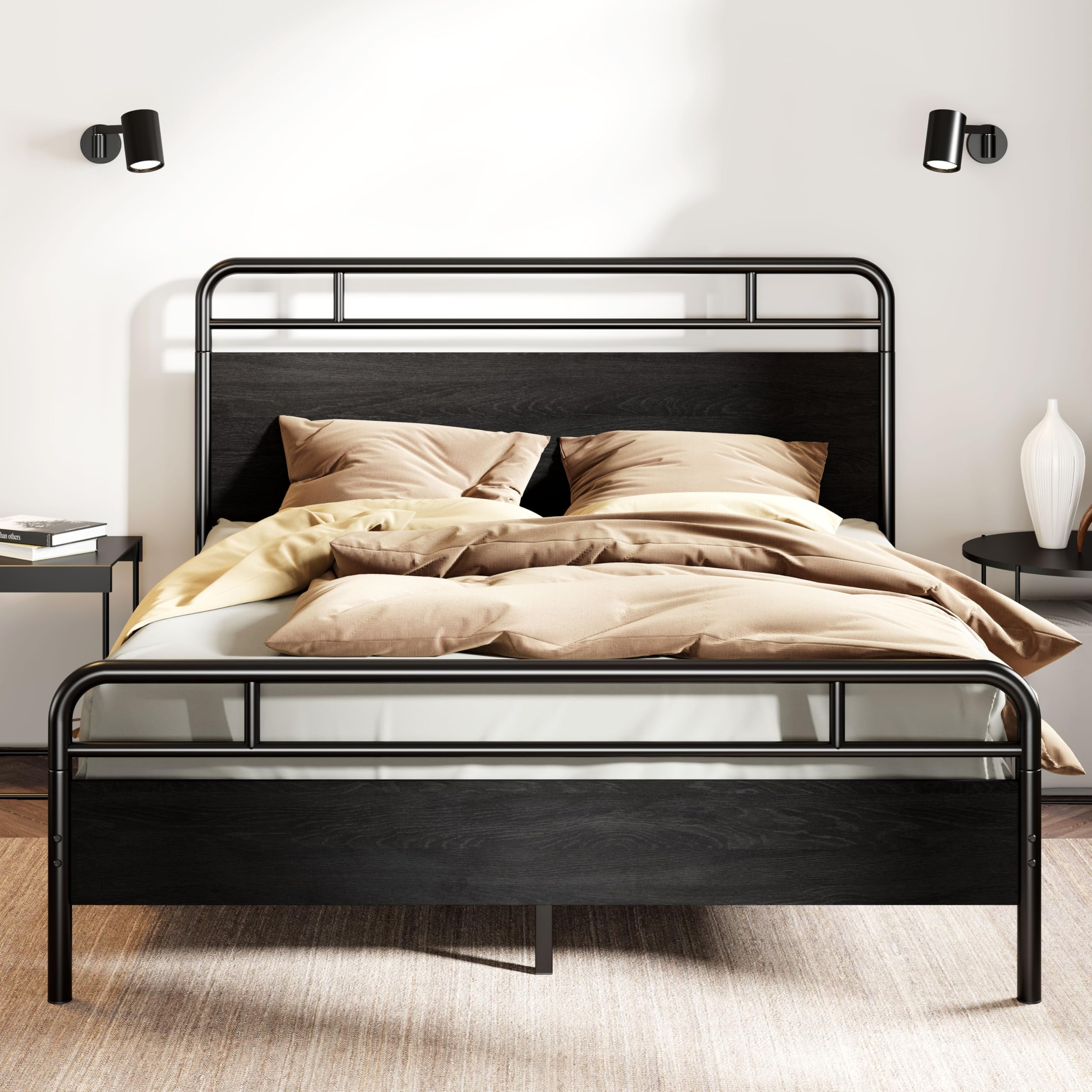 SHA CERLIN Full Size Bed Frame with Vintage Industrial Wood Headboard, Heavy Duty Metal Platform with 12" Under-Bed Storage, Mattress Foundation, No Box Spring Needed, Noise-Free, Easy Assembly, Black Image