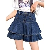 Yeokou Y2K Low Waisted Built-in Shorts Denim Skirt 2000s A-line Ruffle Pleated Mini Jean Skort for Streetwear Club