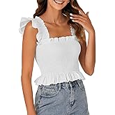 Rooscier Women's Smocked Ruffle Cap Sleeve Square Neck Peplum Blouse Top Plain White Small
