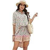 HECCPLI Women's Boho 2 Piece Outfit Floral Open Front Tropical Tunic Blouse and Shorts Set