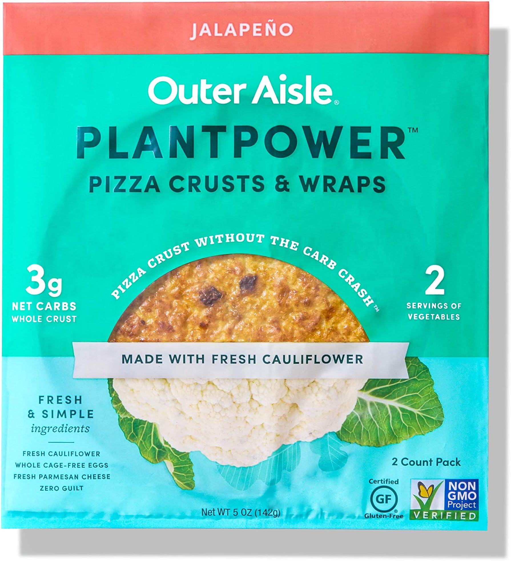 Outer Aisle Gourmet Cauliflower Pizza Crusts | Keto, Low Carb, Paleo Friendly | Jalapeno | 4 Pack | 8 Crusts