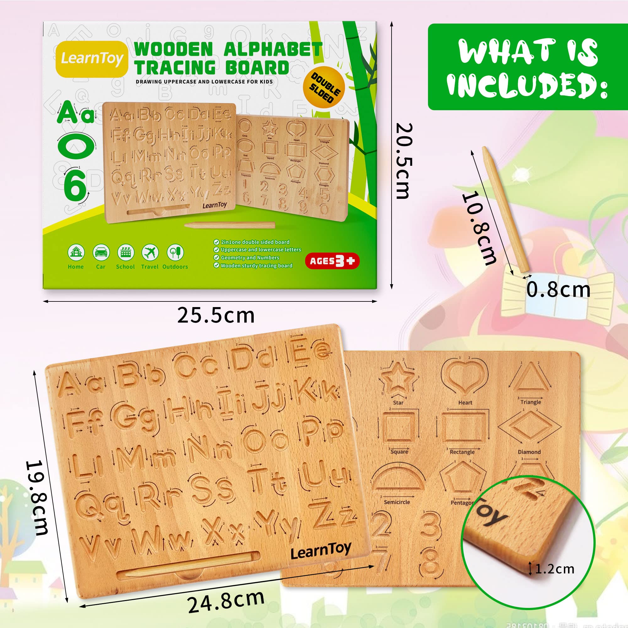 LearnToy Montessori Wooden Alphabet Tracing Board - Educational Toy for Kids - Fine Motor Skills Development - Double-Sided Writing Practice - Ideal Gift for Preschool 3-5 Years Old.