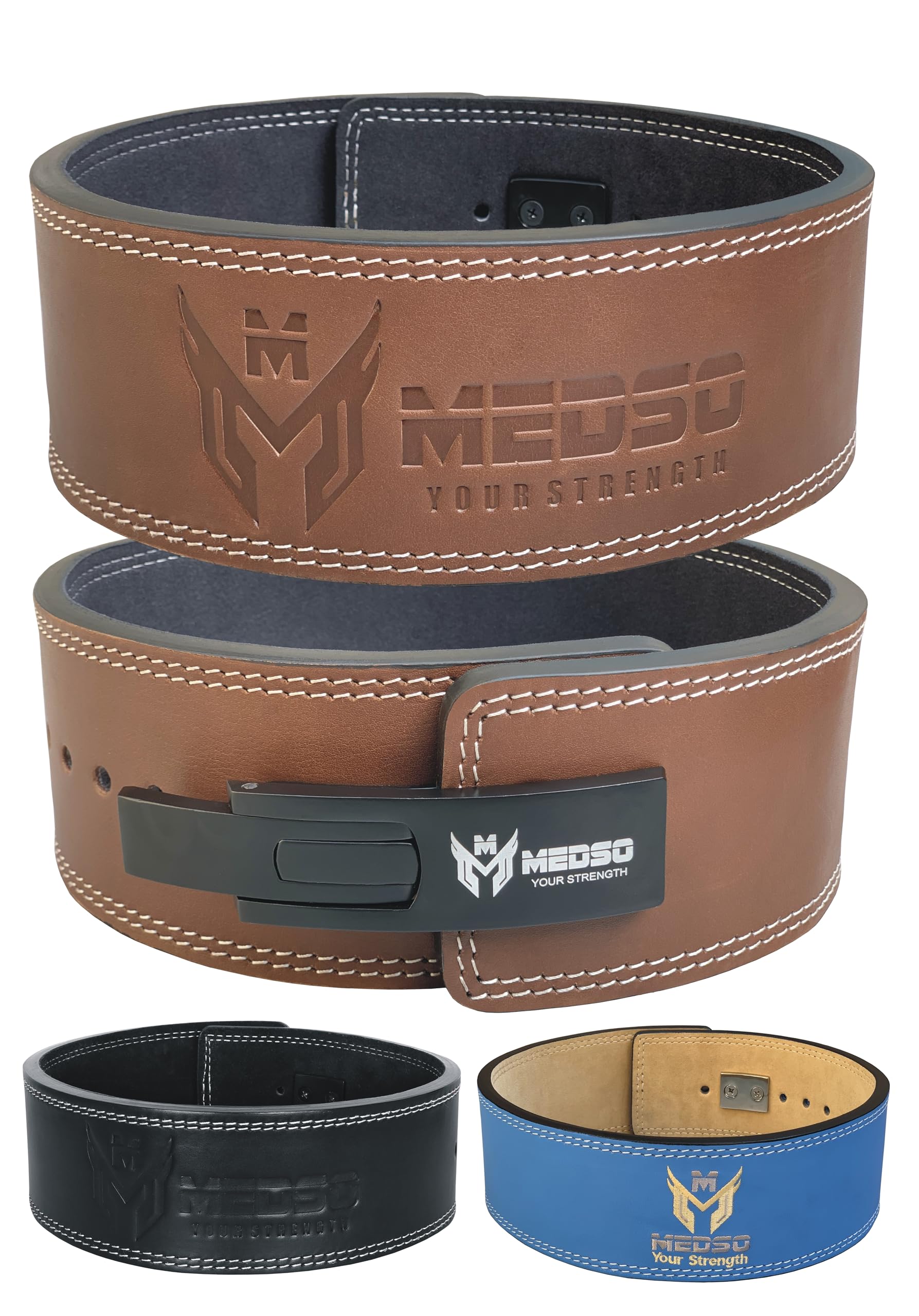 MEDSO Weightlifting 100% Genuine Leather Lever Belt, For Weight Lifting, Powerlifting, Cross Training, Squats, Deadlift, Workout Belt, 10MM Thickness 4” Wide for Men and Women (BROWN, S)