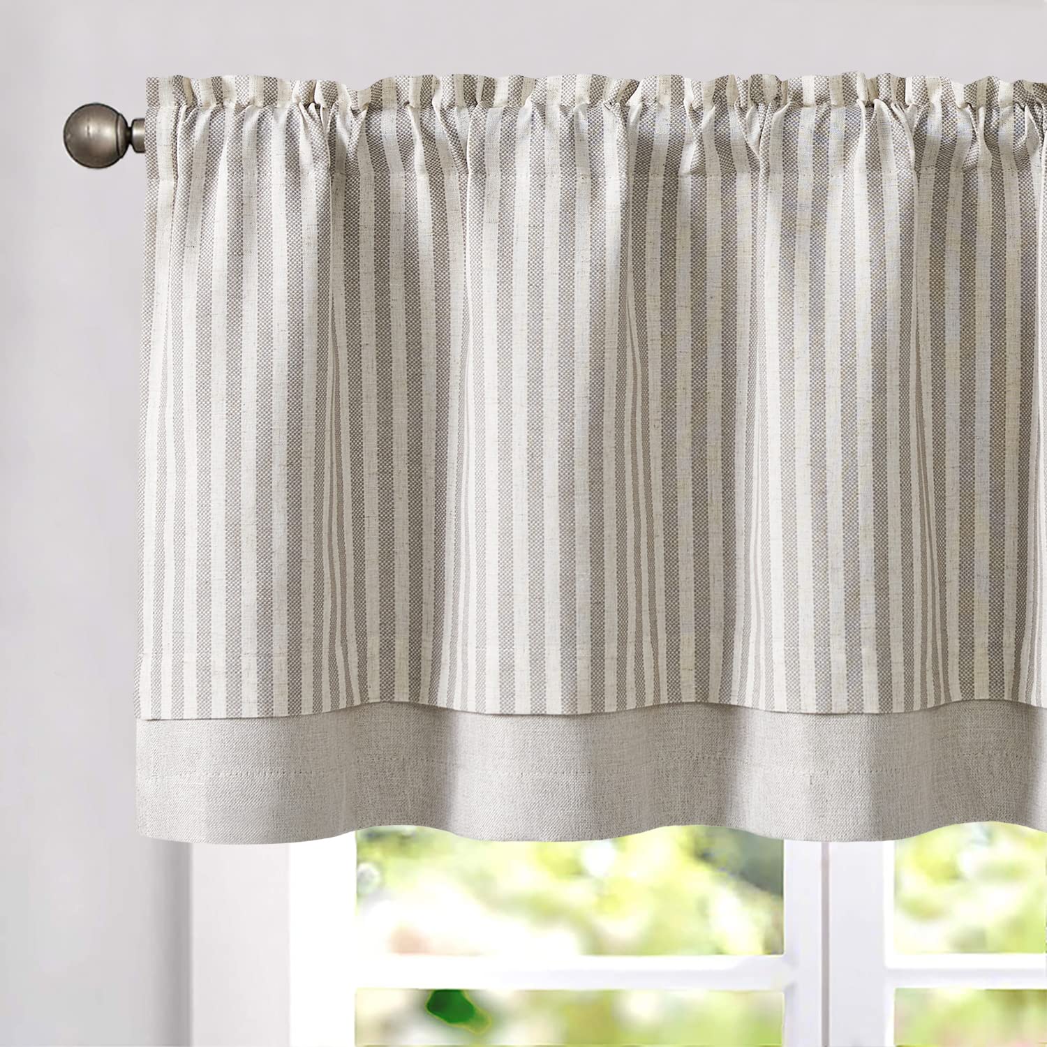 TOPICK Striped Short Kitchen Curtains 18 Inch Drop Small Cafe Curtains Blackout Double Layer Curtain Valance for Sink Living Room Cupboard Rod pocket 1 Panel Grey on Beige