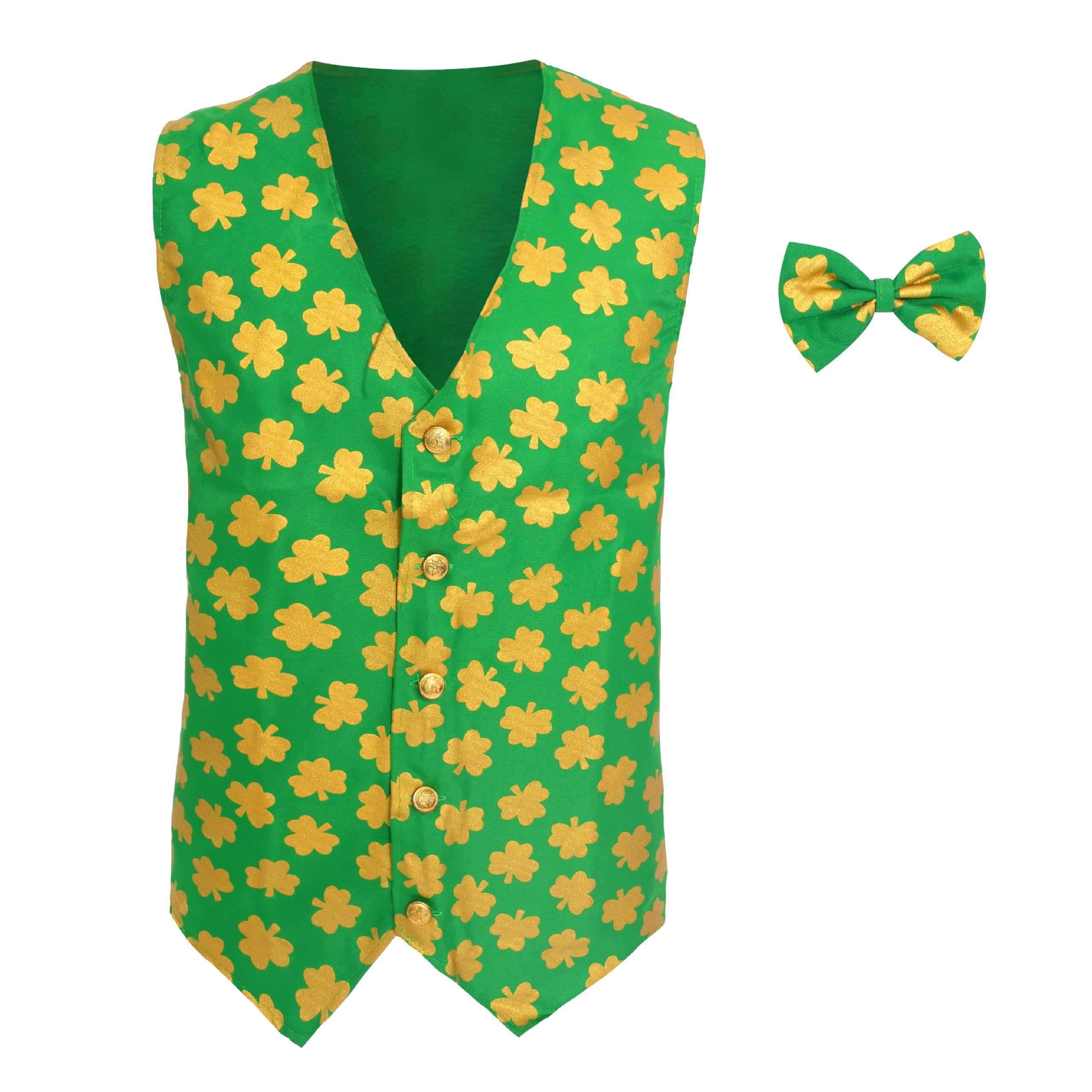 Irish Waistcoat Costume - Large - Green Waistcoat with Yellow Shamrock Print and Matching Bowtie - St Patricks Day Leprechaun Supporter Fancy Dress Costume
