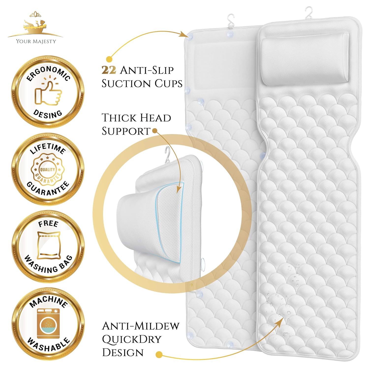 Premium Full Body Bath Pillow For Tub [22 Anti-Slip Suction Cups], Extra Soft Neck and Back Support to Relax and Unwind, QuickDry Fabric, Cooling Effect, Durable, Cushioned | With Machine Washable Bag : Beauty