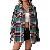 Milumia Women's Plaid Print Button Up Shirts Long Sleeve Collared Oversized Blouse Tops