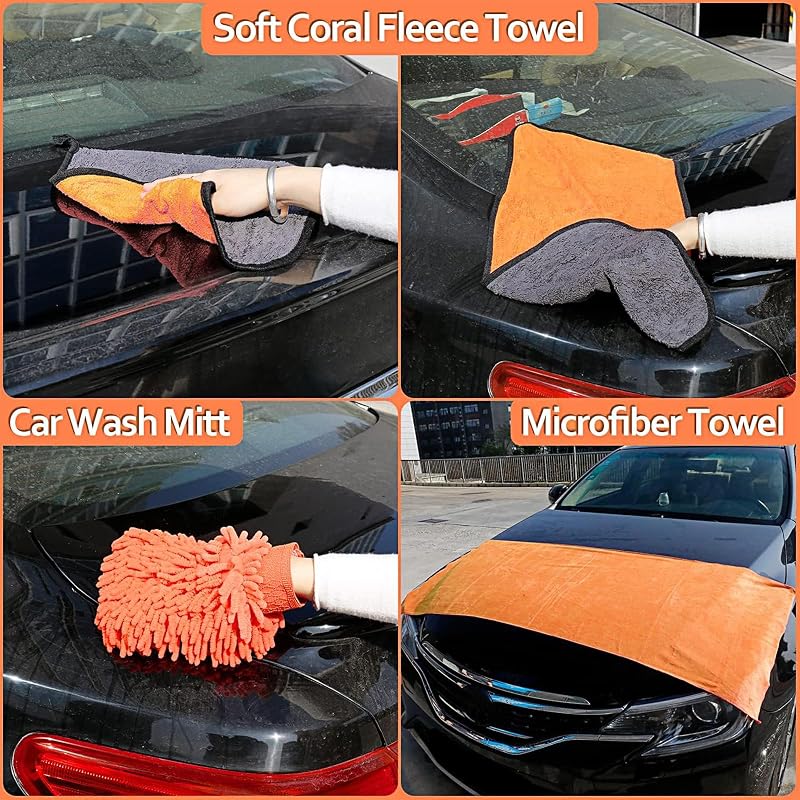 Auto Reinigungsset, Autowaschset Auto Set, 17 Stück Auto Autopflege für Auto Reinigung Innenraum und Außen, Armaturenbrett, Lüftungsschlitz, Motor, Räder, Autopflege-Geschenkset (Orange)