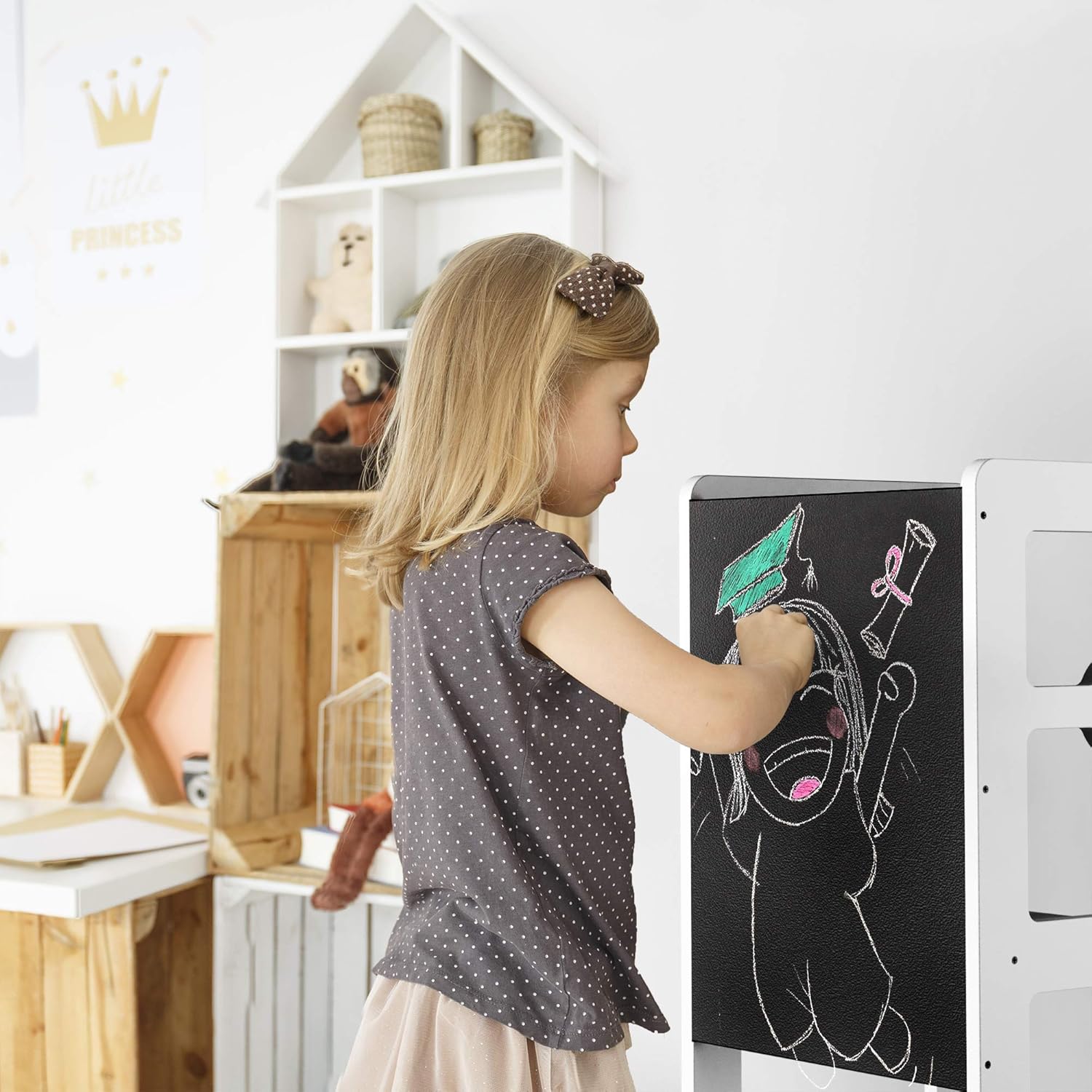 Kitchen Step Stool & Chalkboard Desk for Toddlers - Easily Turns Learning Helper Tower for Kitchen Counter Into Table & Chair Set for Little Kids - Safe Convertible Montessori by ComfyBumpy (White) : Baby