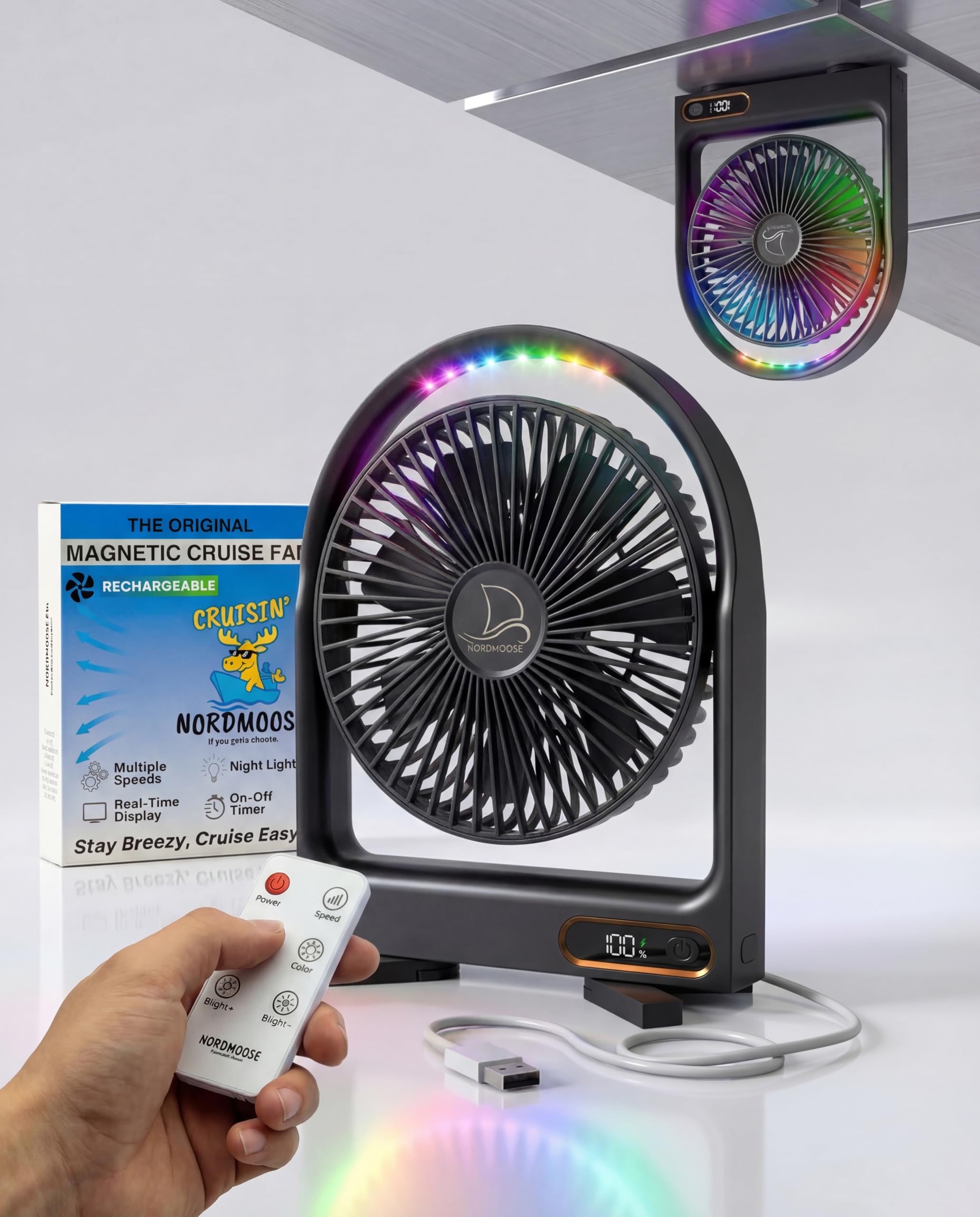 Photo 1 of Magnetic Cruise Fan with Remote Control - Durable Rechargeable Battery, Multi-Color RGB LED Light, Sleep-Friendly Smart Display & Timer, Magnetically Sticks on Cabin Ceilings and Walls - Easy to Pack
