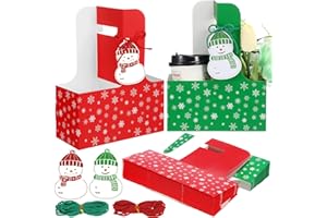 TaoBary 30 Set Christmas 2 Cup Drink Carrier with Handle Portable Foldable Tray Drink Holder Red Green Disposable Cardboard Coffee Cup Holder with Snowflake Snowman Cards, Christmas Gifts