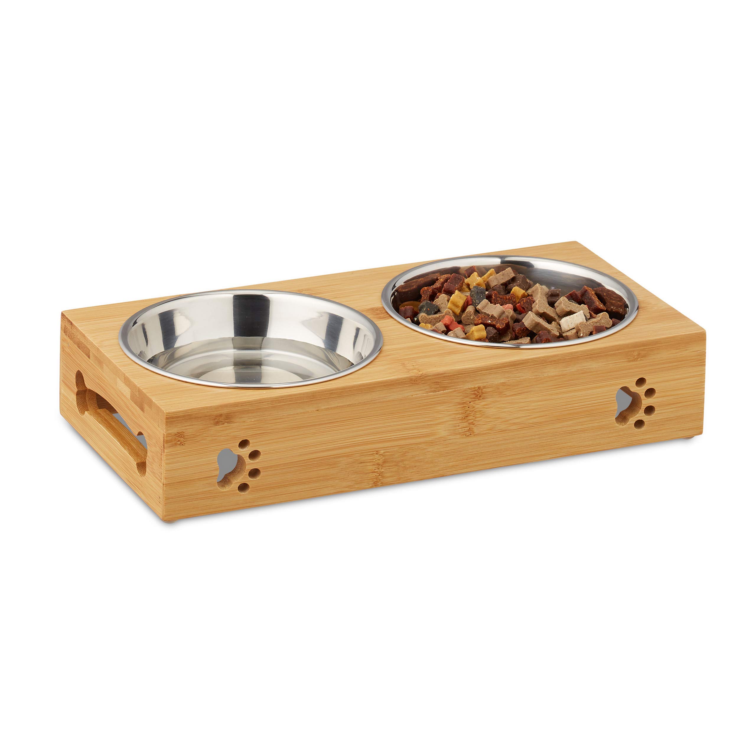 Relaxdays Feeding Station for Small Dogs, 2 Bowls, 300 ml, Raised, Bamboo, Stainless, HWD: 6.5x31.5x15 cm, Natural/Silve