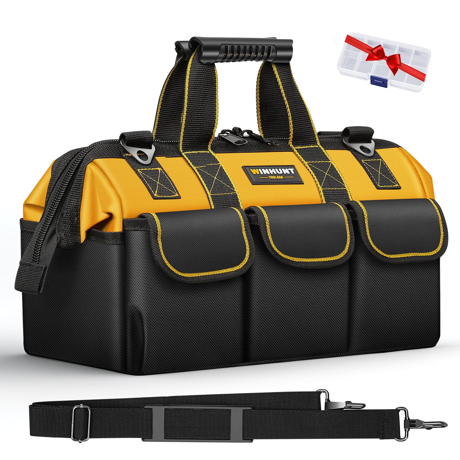 WINHUNT Heavy Duty Tool Bag with Adjustable Shoulder Strap, Waterproof Wide Open Mouth Tools Storage Organiser, 15 Inch, Yellow