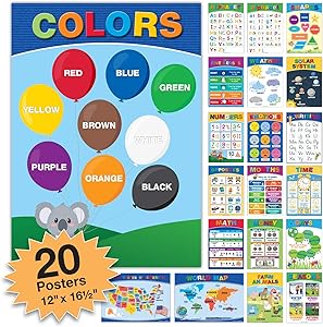 20 Large Educational Posters For Kids Toddlers (16.5x12 Double Sided English and Spanish) Includes: Alphabet Colors Letters Numbers Shapes Months Days Weather Time Animals Solar System Seasons Map