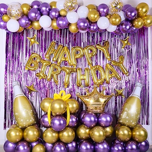 Purple Gold Birthday Decorations for Women Girls, Happy Birthday