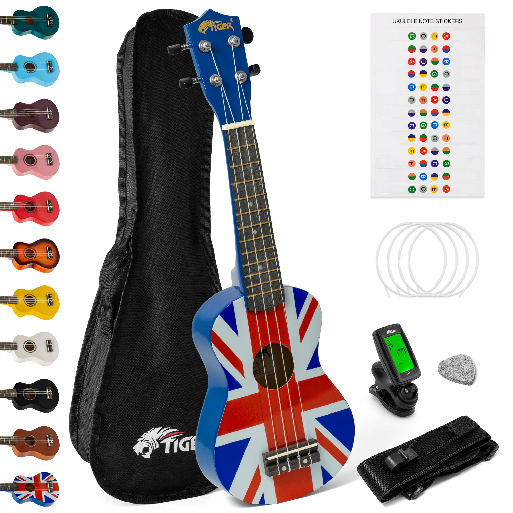 Tiger UKEKIT-UK Soprano Ukulele Kit – Suitable for Beginners and Children – Chromatic Tuner, Strap, Carry Bag, Notes Sticker, Felt Pick, Spare Strings, with Aquila Strings Fitted – Union Jack